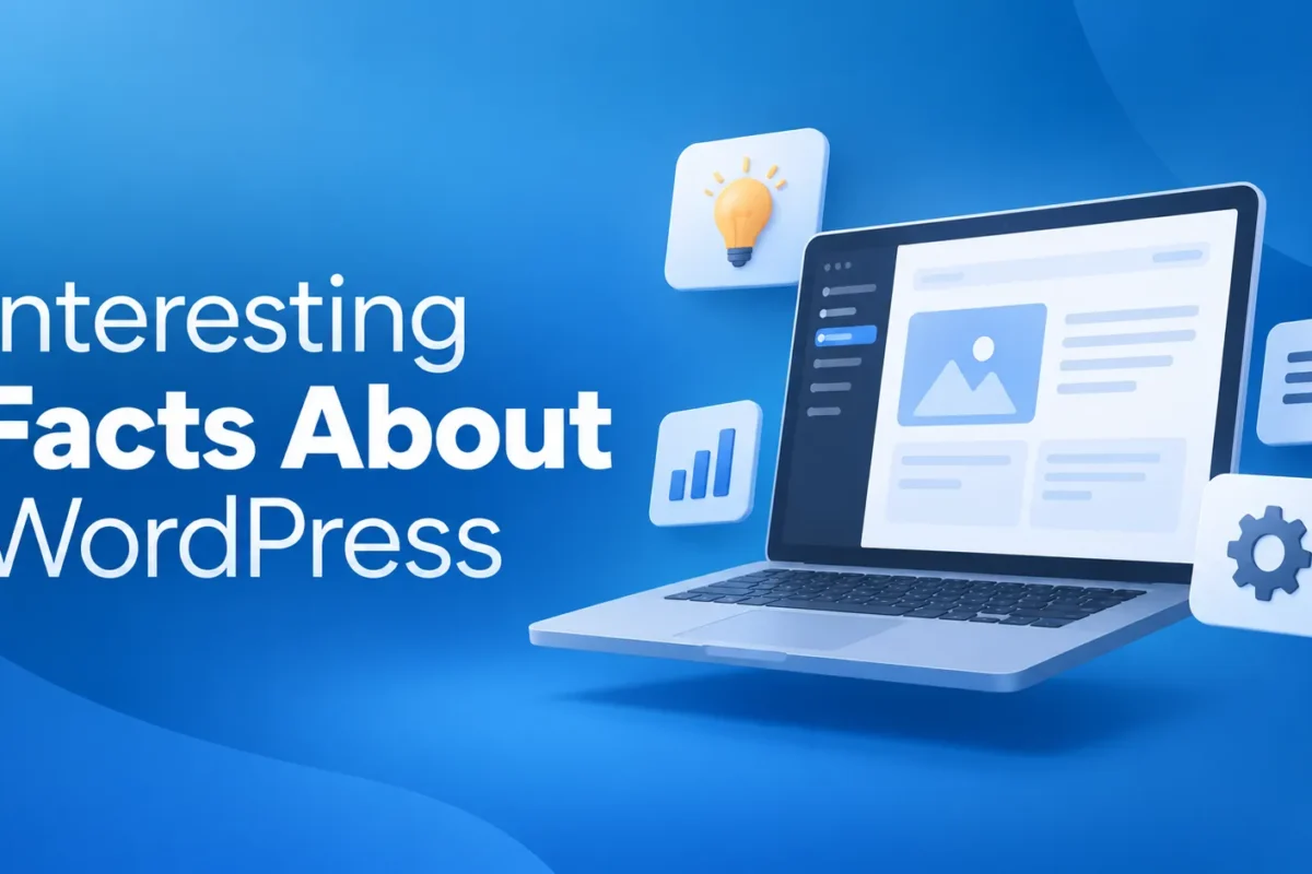 WordPress interesting facts illustrated with a website dashboard, analytics, settings, and idea icons