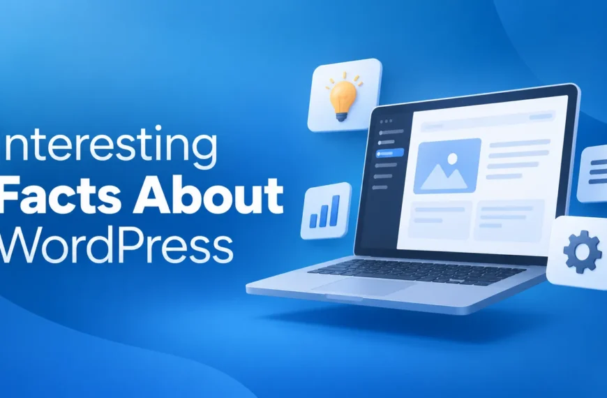 WordPress interesting facts illustrated with a website dashboard, analytics, settings, and idea icons