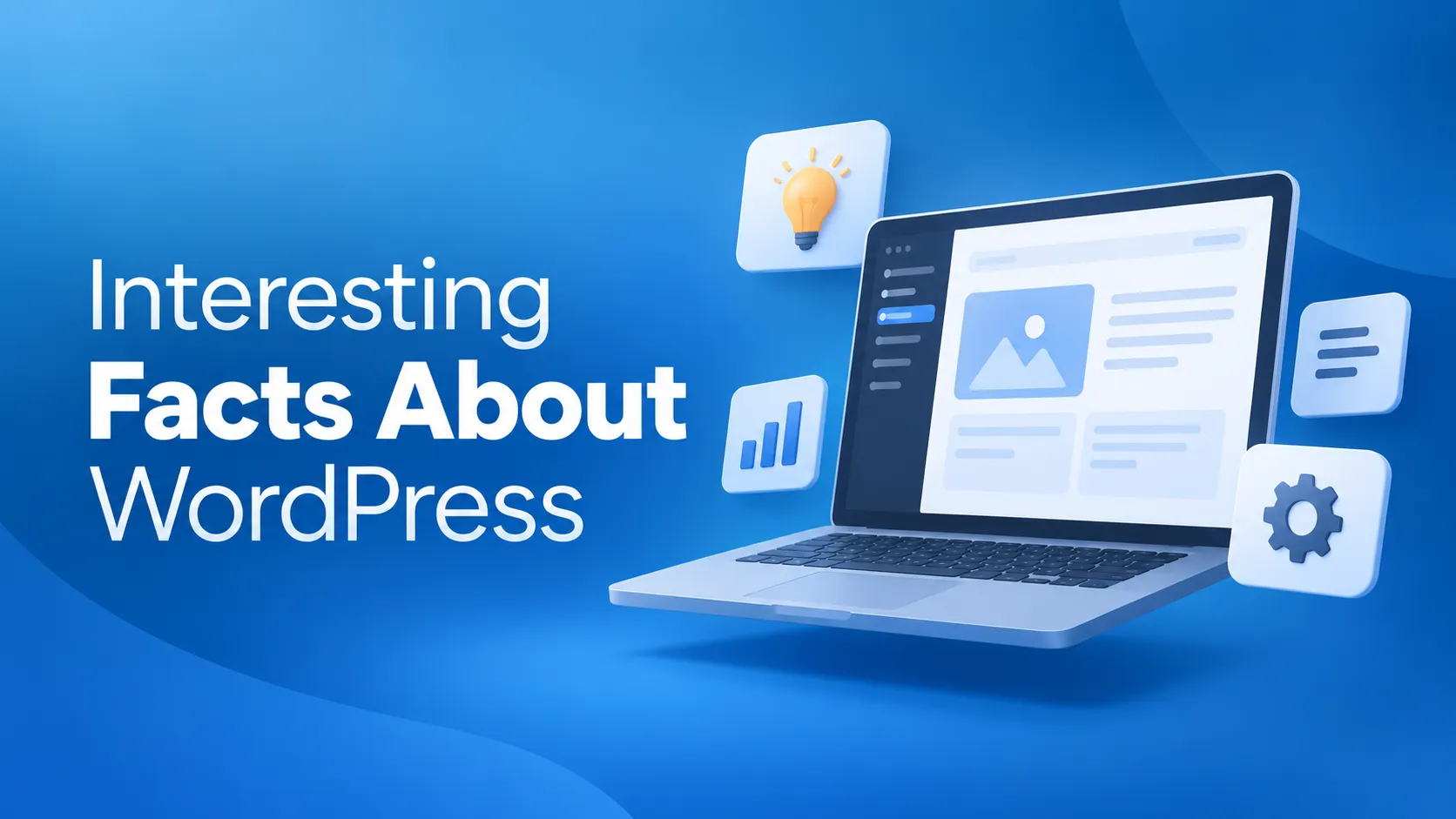 WordPress interesting facts illustrated with a website dashboard, analytics, settings, and idea icons